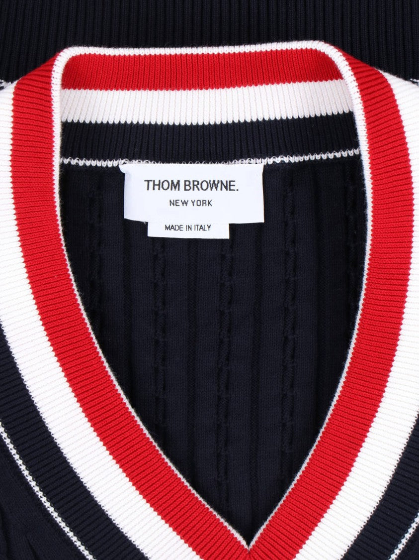 Thom Browne Navy Ribbed Cotton V-Neck Sweater