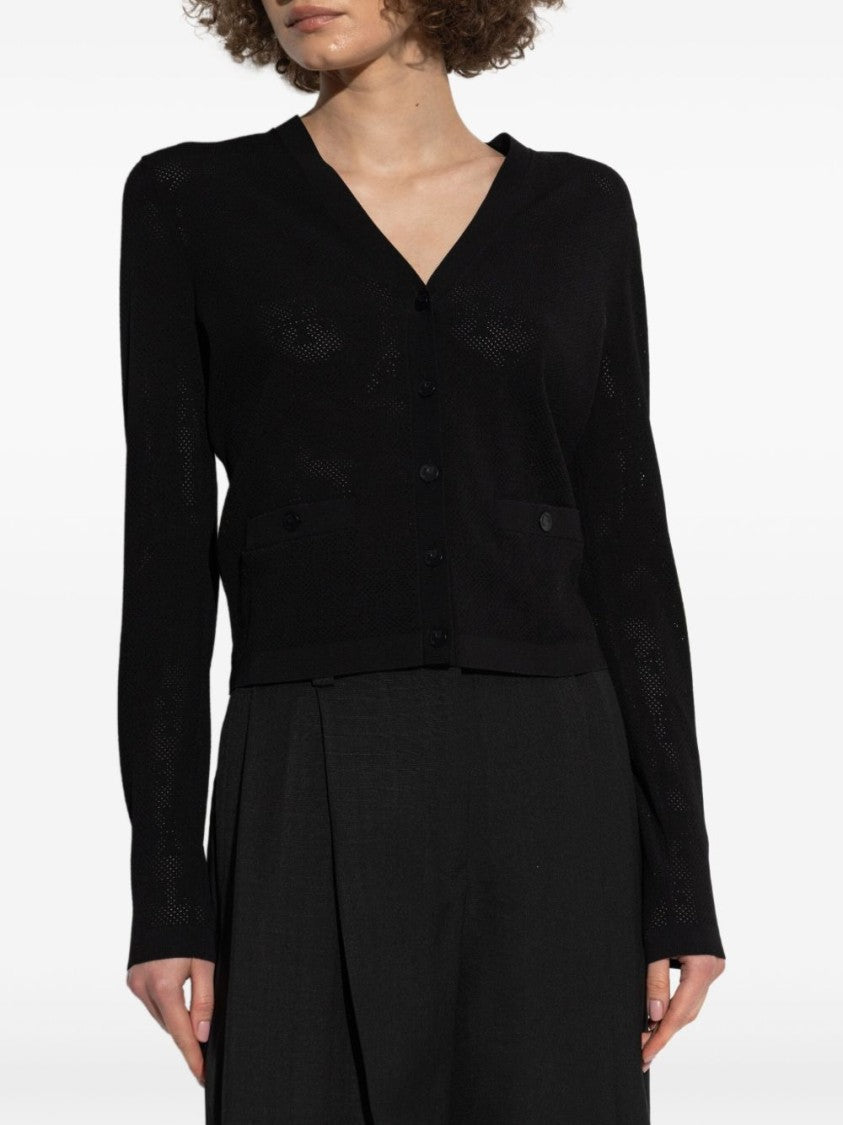 Tory Burch Textured Black Button Front Top With V-Neckline And Pockets