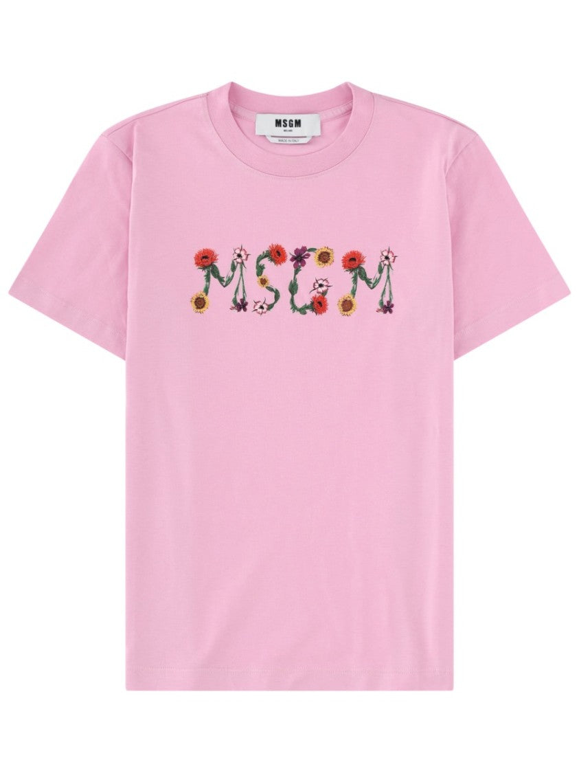 Msgm Soft Pink Chest Floral Logo T-Shirt