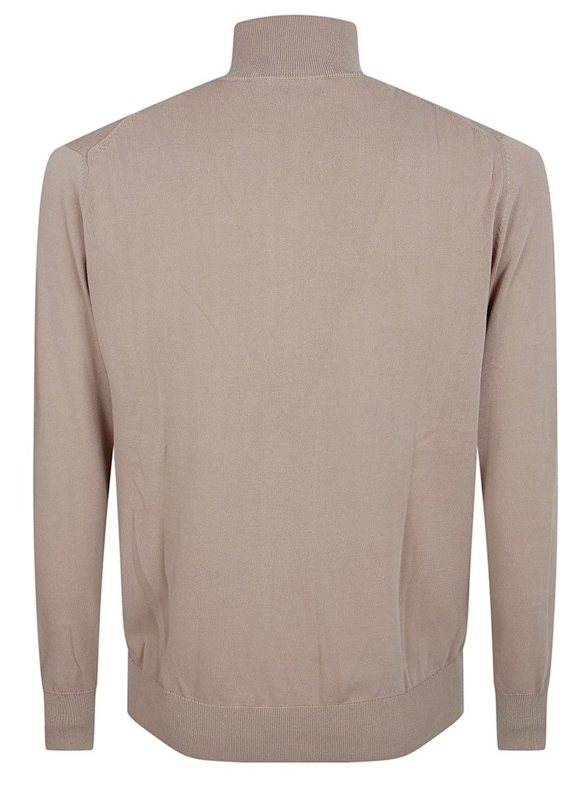 Ballantyne Full Zip Knit Sweater With Ribbed Collar And Leather Detail