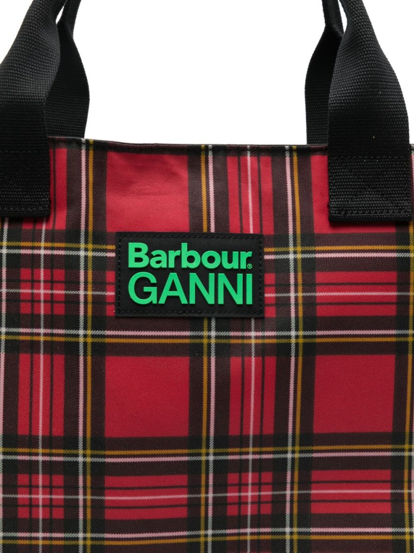 Ganni X Barbour Rectangular Tote Bag With Red Tartan Pattern And Logo Patch