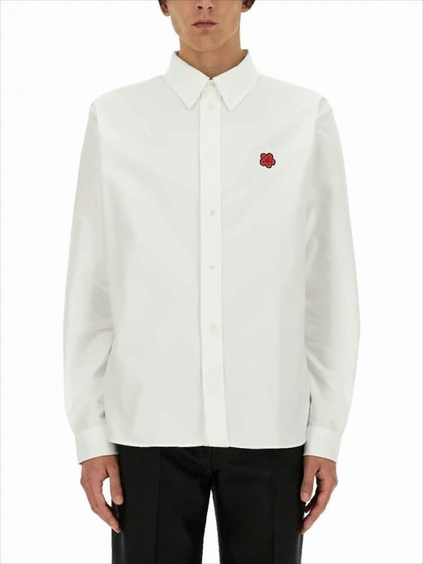 Kenzo Long-Sleeve White Shirt With Button-Down Collar And Embroidered Emblem