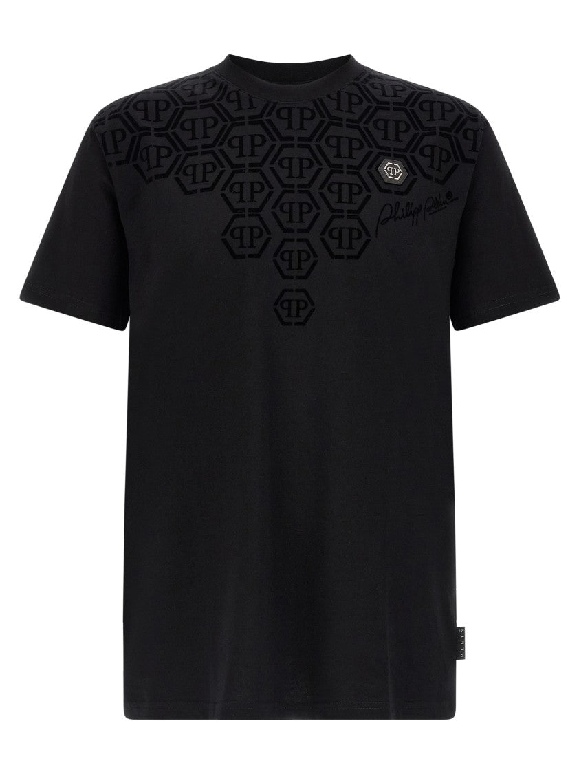 Philipp Plein Flocked Monogram Cotton T-Shirt With Hexagon Patch