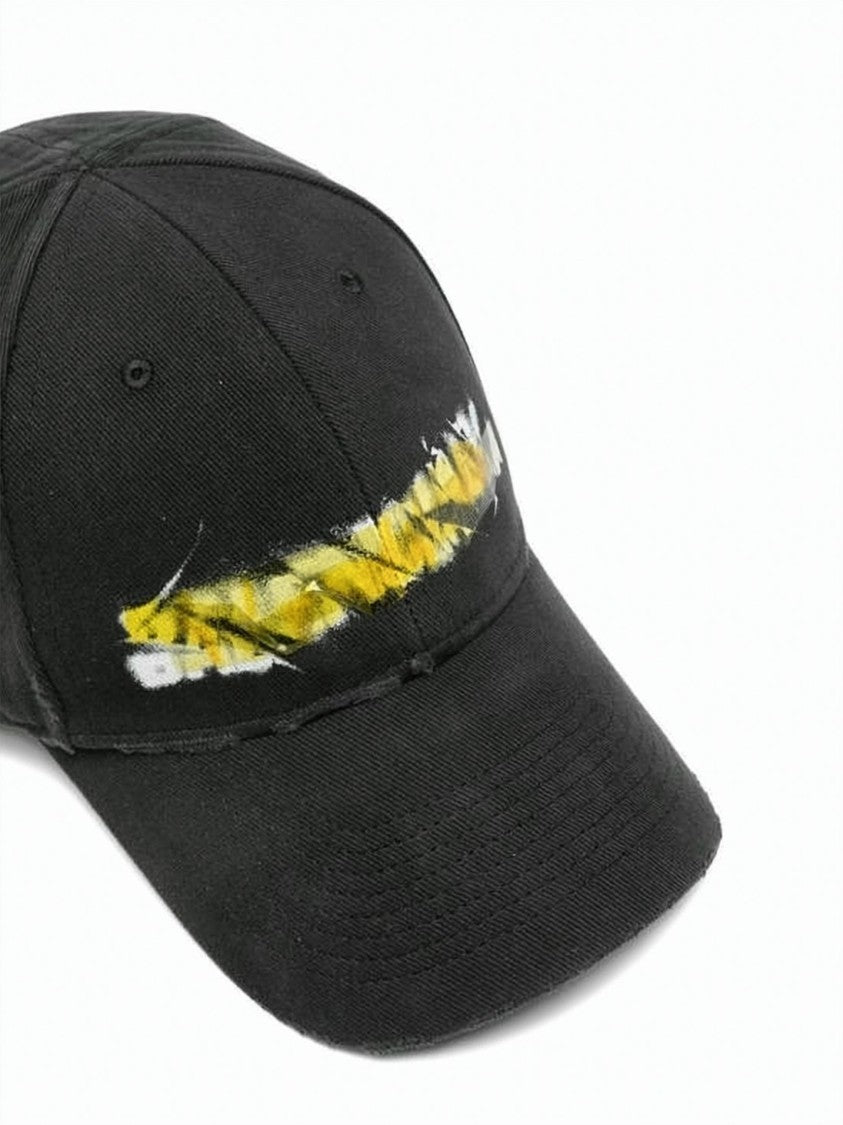 Balenciaga Distressed Black Cotton Baseball Cap With Painted Logo