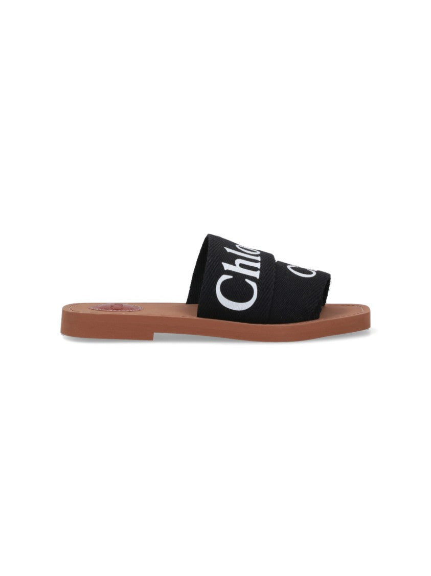 Chloé Black Woody Embroidered Linen Sandal