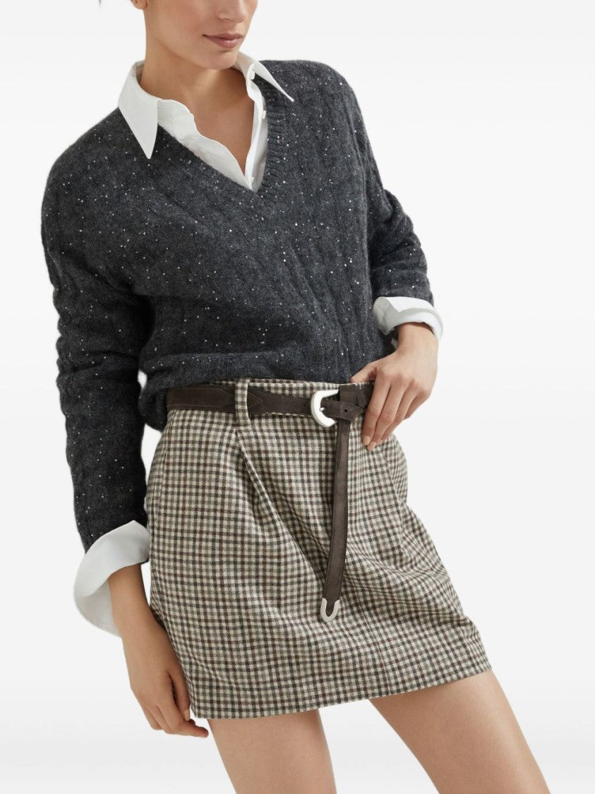 Brunello Cucinelli Textured Grey Knit Sweater With V-Neckline