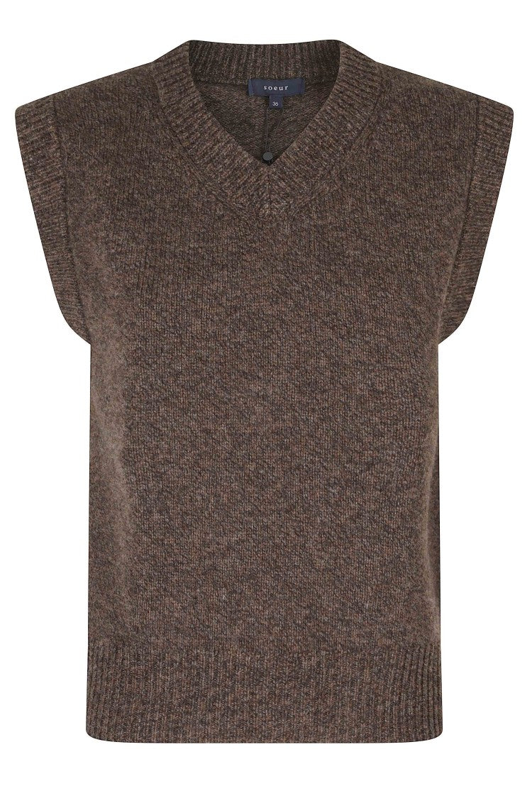Soeur Brown Karl Sleeveless V-Neck Merino Wool Cardigan