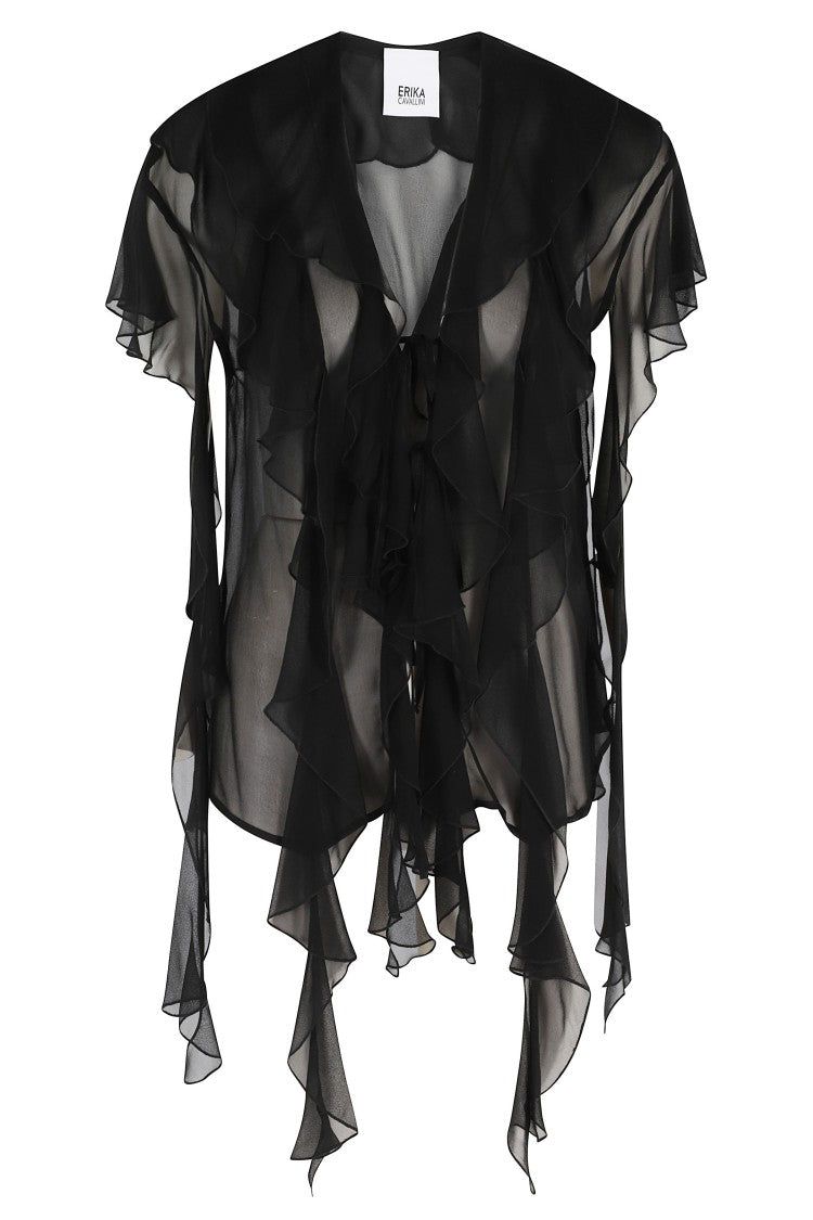 Erika Cavallini Black Lia Chiffon Ruffled V-Neck Silk Blouse