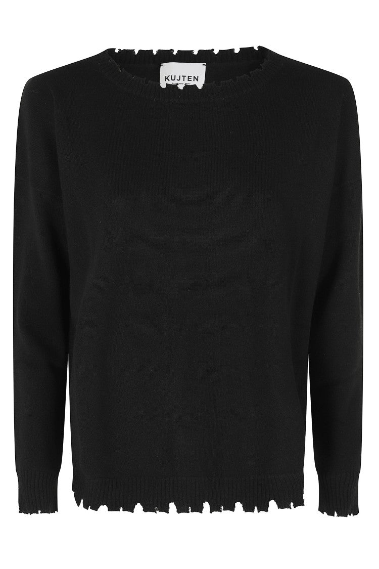 Kujten Mela Black Fringed Crewneck Cashmere Sweater