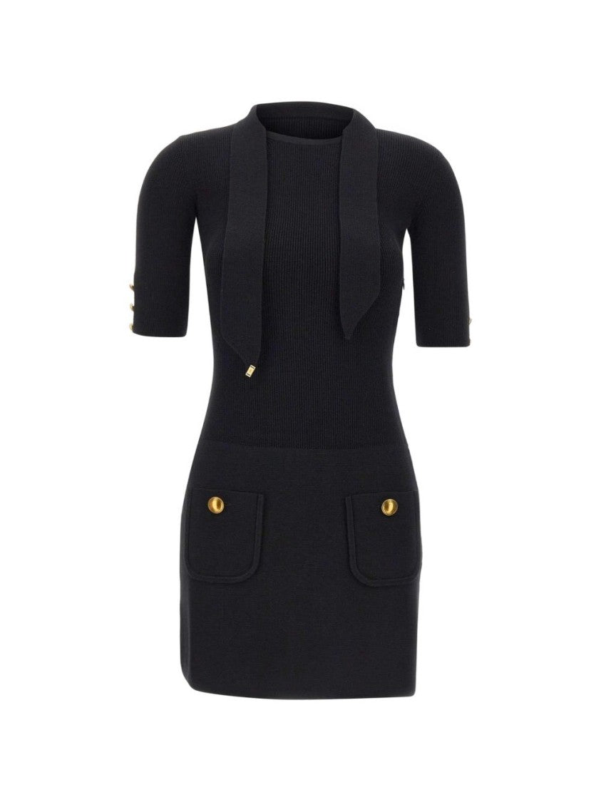 Elisabetta Franchi Black Fitted Mini Ribbed Gold Dress