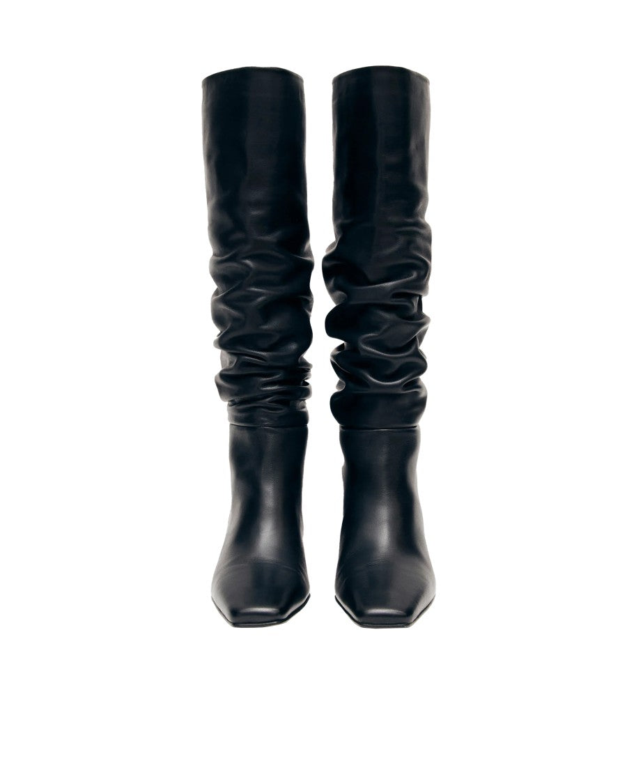 Alohas Knee-High Black Leather Boots With Pointed Square Toe