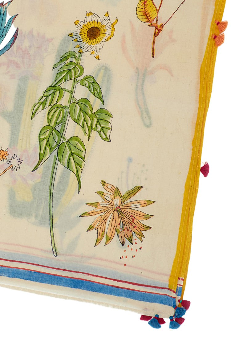 Injiri Multicolor Botanical Print Cotton Scarf With Tassel Detailing