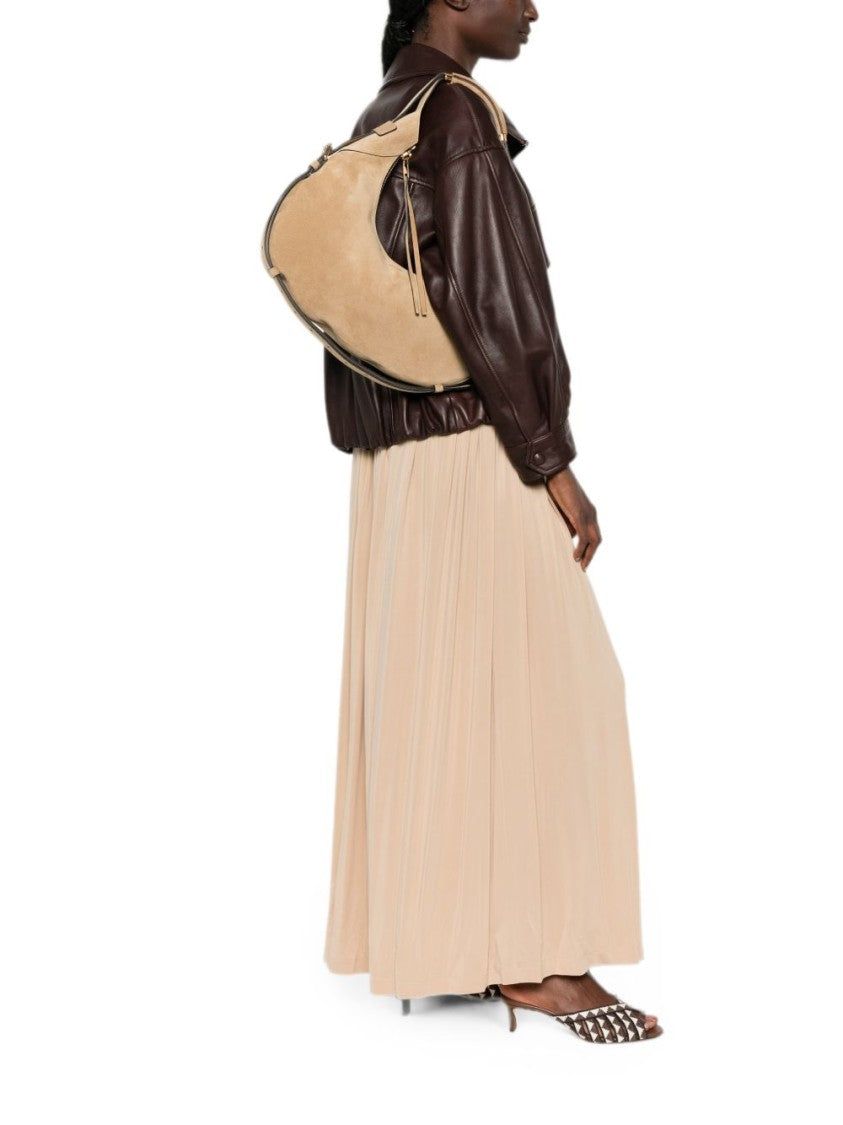 Moschino Crescent-Shaped Suede Bag With Gold Hardware Accents