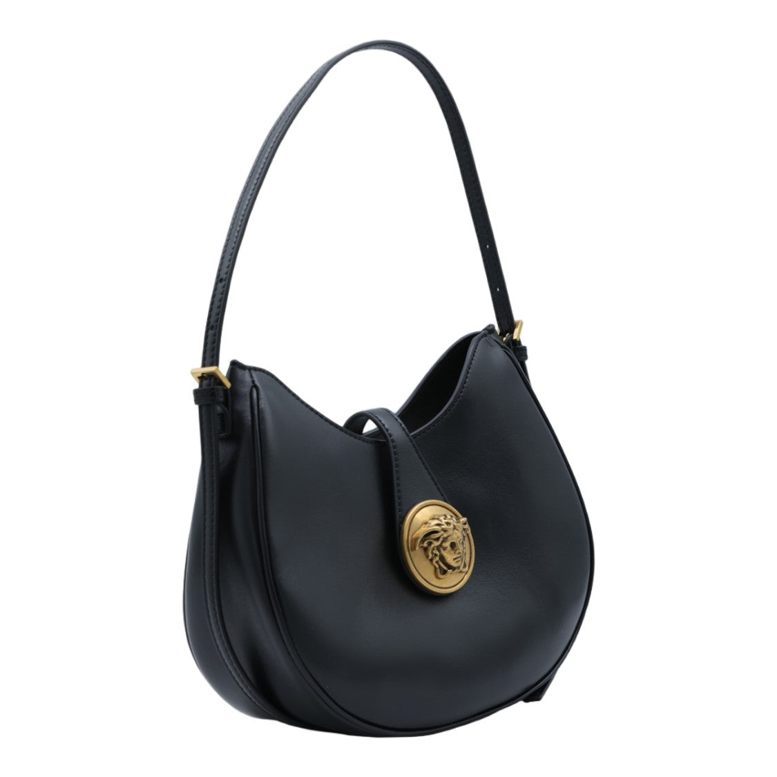Versace Crescent-Shaped Black Leather Bag With Gold Medallion