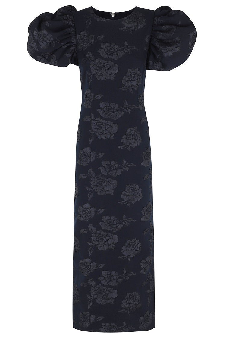 Rotate Dark Blue Jacquard Puff Sleeve Floral Polyester Midi Dress
