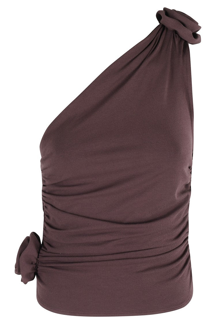 Magda Butrym Burgundy One-Shoulder Floral Top