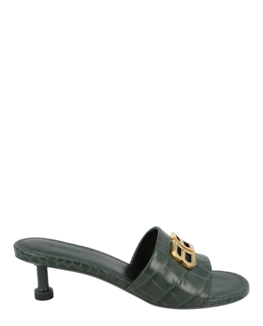 Balenciaga Croc-Embossed Green Mules With Trumpet Heel And Gold-Tone Logo
