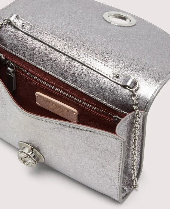 Coccinelle Smooth Leather Silver Clutch With Chain Strap