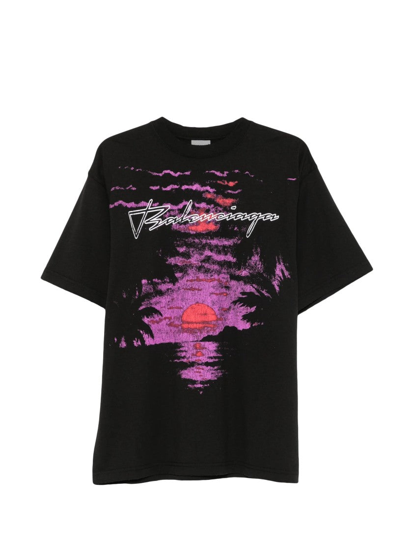 Balenciaga Medium Fit Black T-Shirt With Sunset Graphic Print