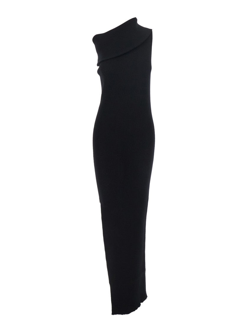 Rick Owens Athena' Black Ribbed Knit Sleeveless Long Dress