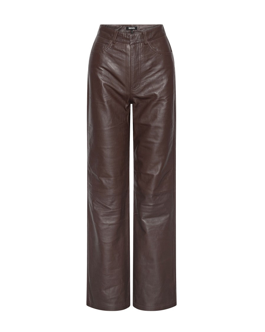 Rotate Brown High-Waisted Lambskin Leather Straight-Leg Pants