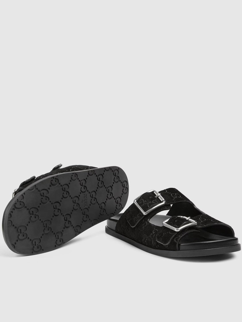 Gucci Black Rhein Open Suede Slide Sandals