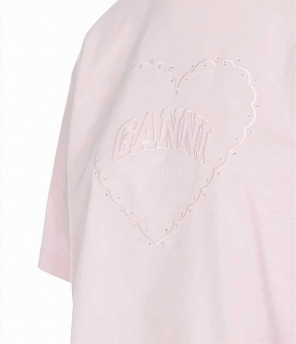 Ganni Soft Pink Relaxed-Fit T-Shirt With Heart-Embossed Detail