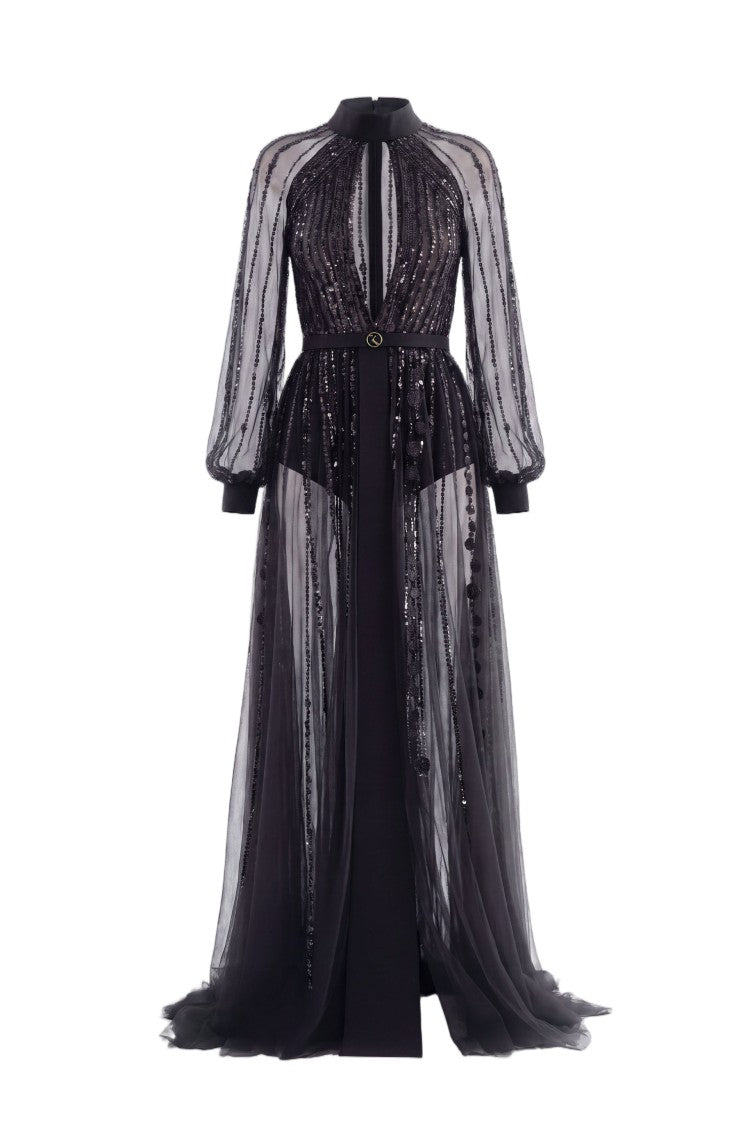 Saiid Kobeisy Black A-Line Sheer Embroidered Evening Dress