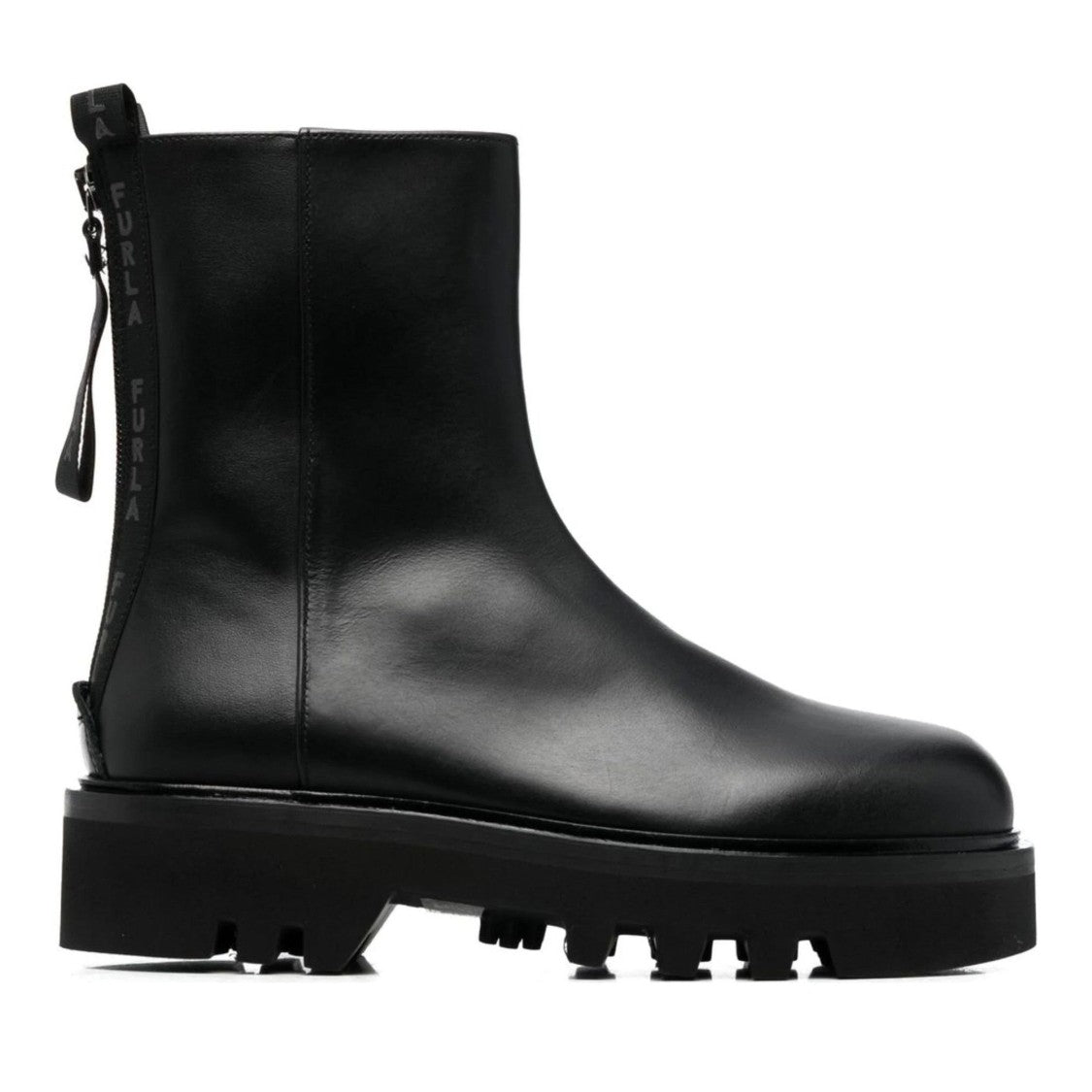 Furla Chunky Sole Black Leather Booties With Zipper Closure