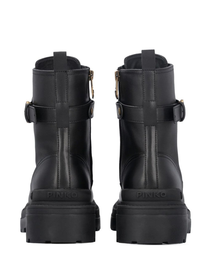 Pinko Chunky Platform Black Leather Boots With Decorative Buckle