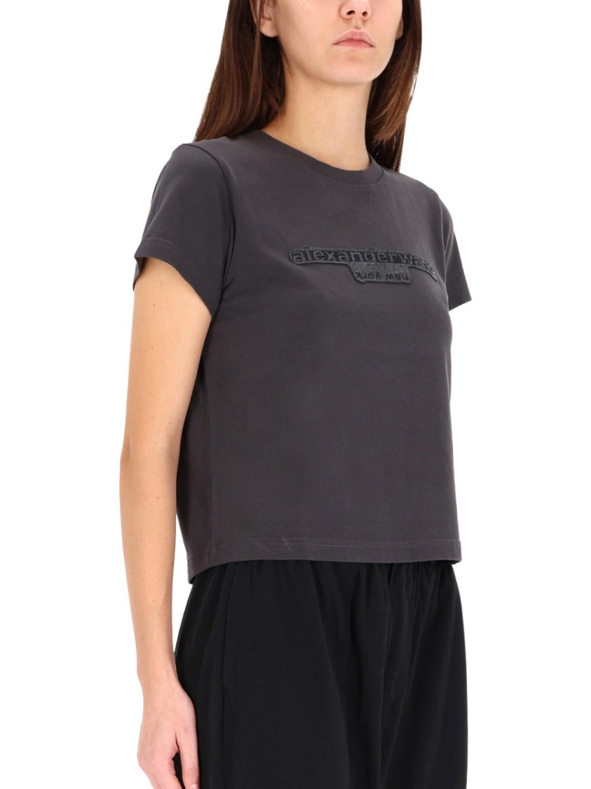 Alexander Wang Cropped Grey T-Shirt With Embossed Logo And Boxy Fit