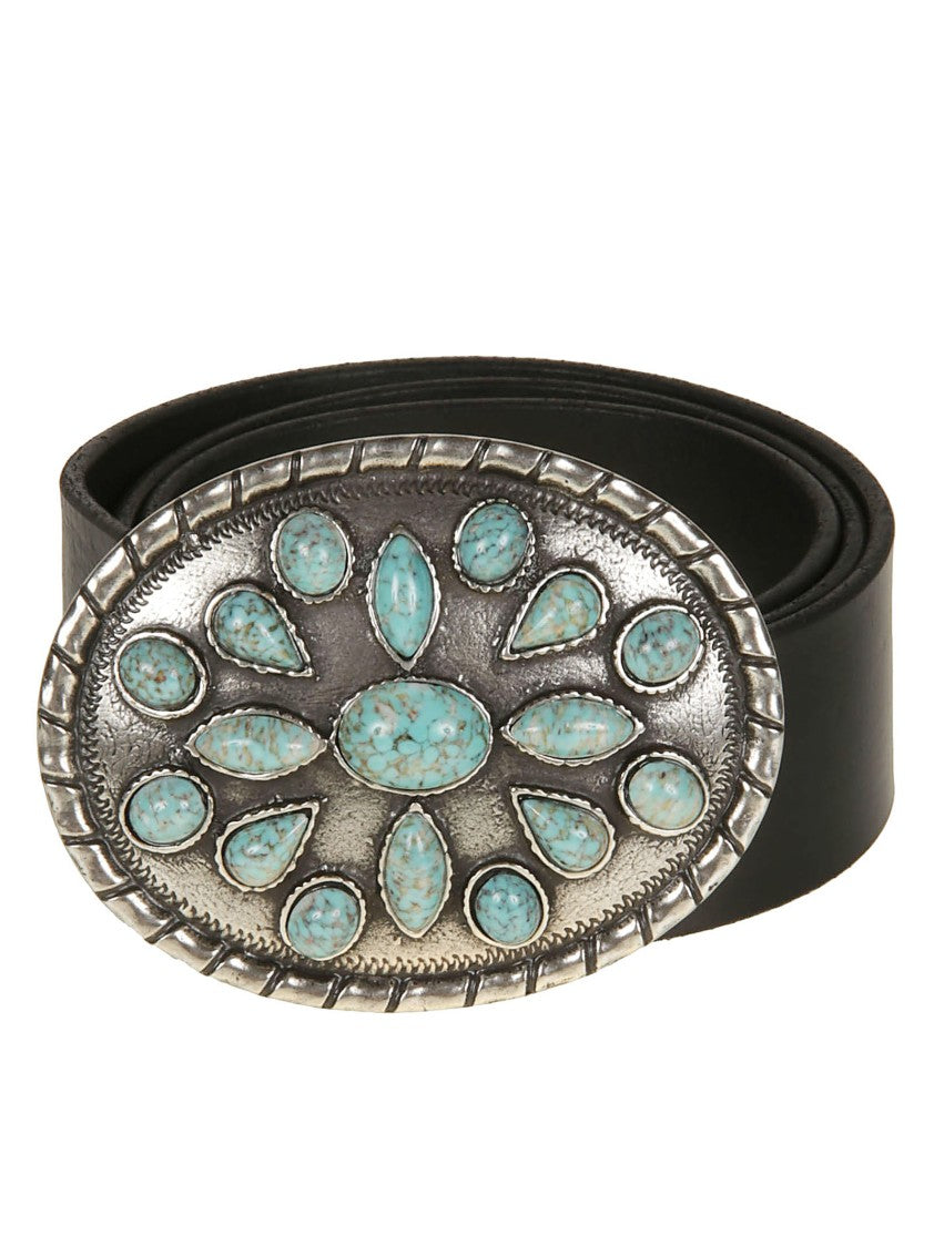 Orciani Wide Black Leather Turquoise Belt