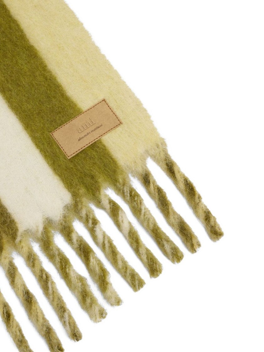 Ami Paris Ivory Lime Green Striped Fringed Scarf