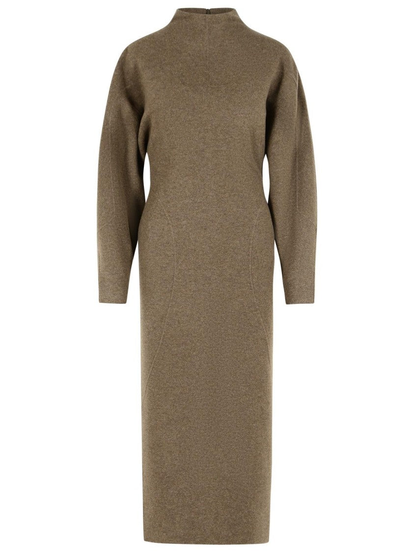 Max Mara Fitted Brown Wool And Cashmere Midi Dress With Riser Collar