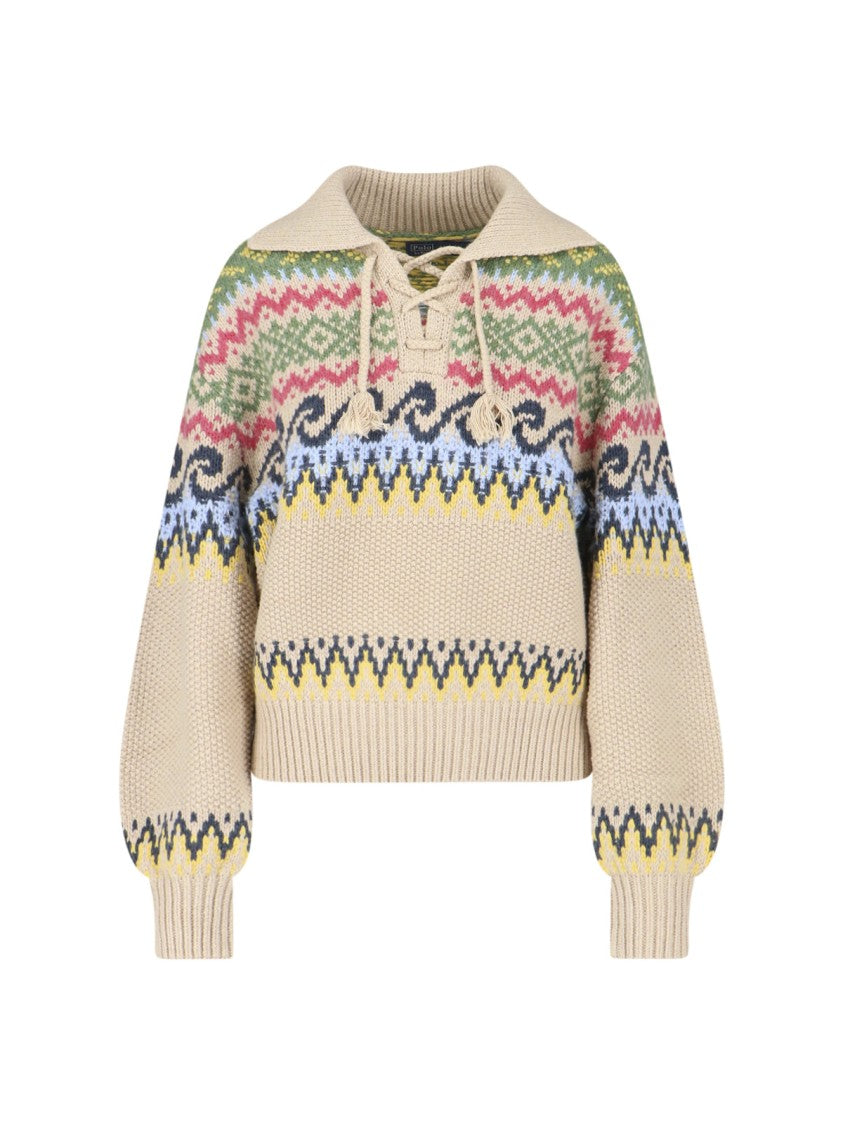 Polo Ralph Lauren Beige Fair-Isle Lace-Up Sweater