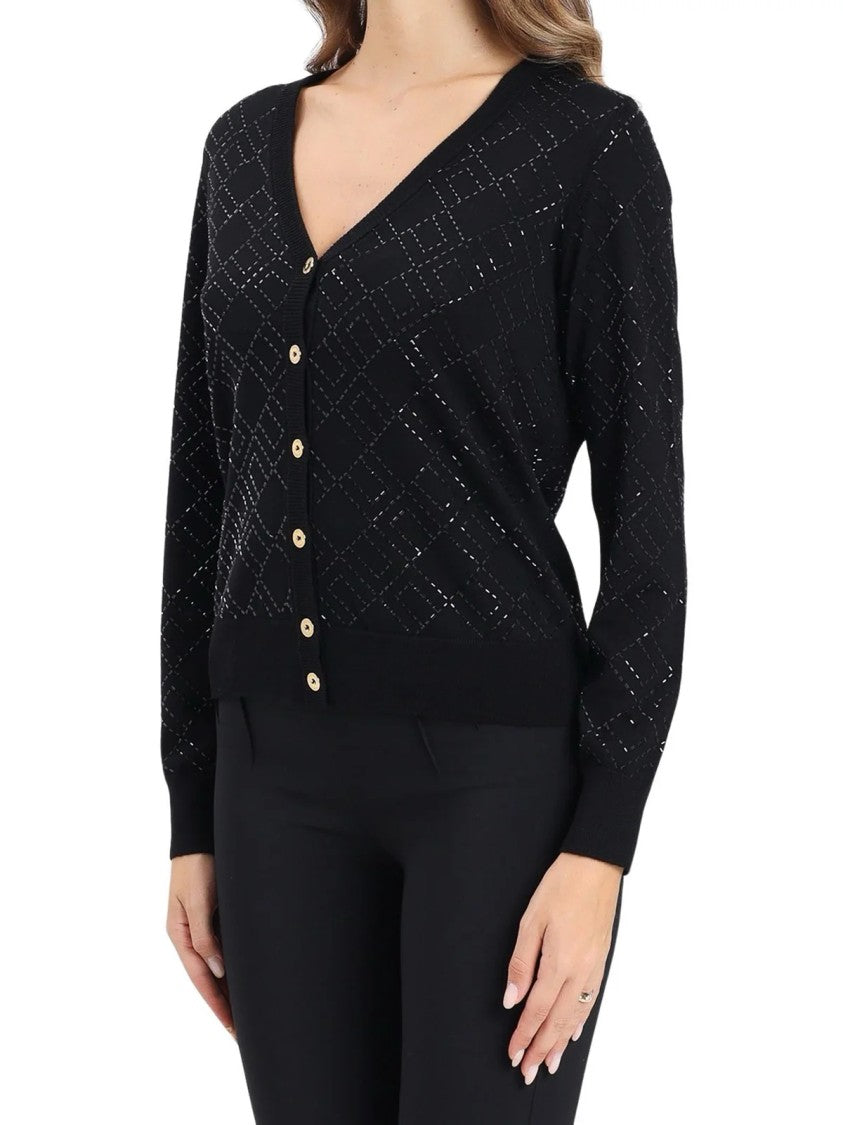 Elisabetta Franchi Black Wool Cardigan With Sequin Embroidery And Button Closure