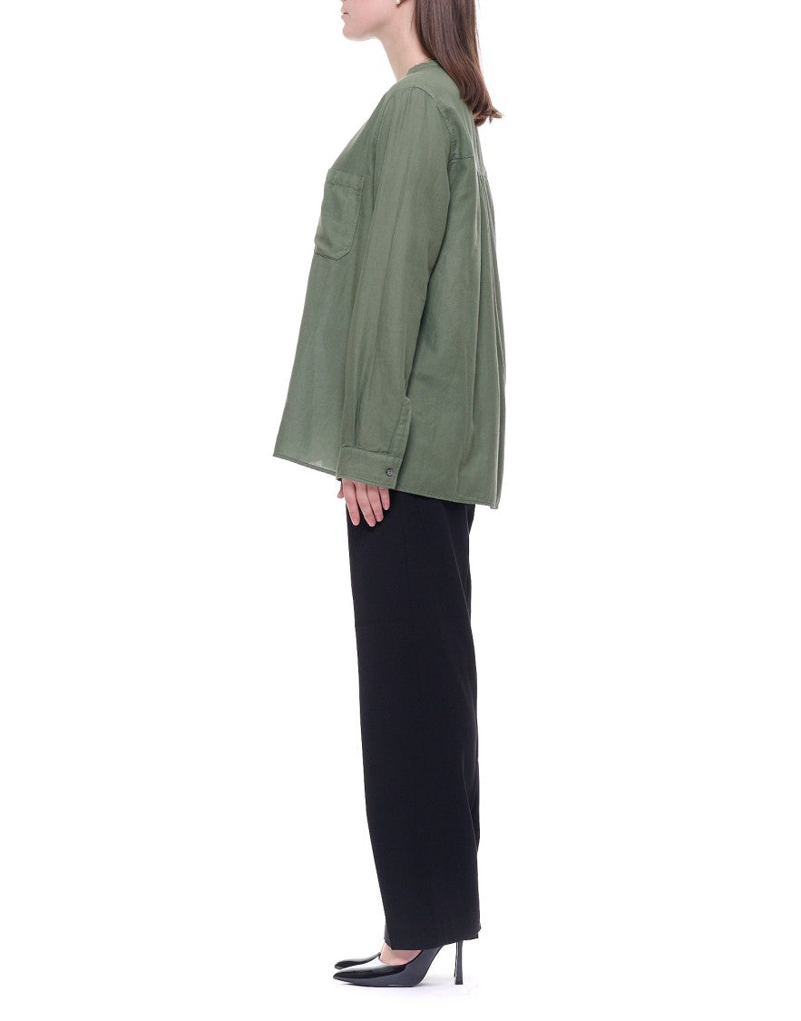 Pomandère Ivory Mandarin Collar Silk-Cotton Poplin Shirt