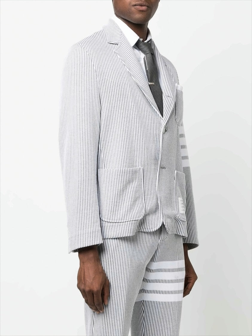 Thom Browne Seersucker Stripe Tailored Jacket With Four-Bar Accent