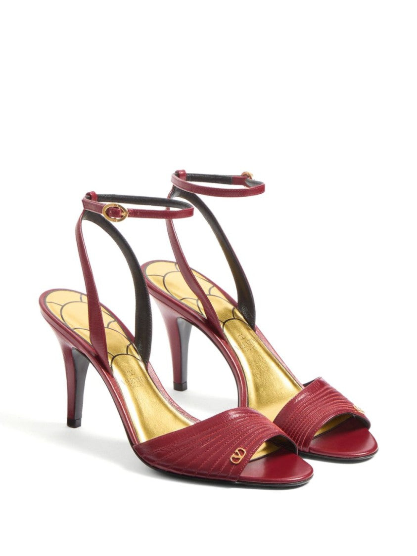 Valentino Garavani Red Leather Sandals With V Logo And Ankle Strap
