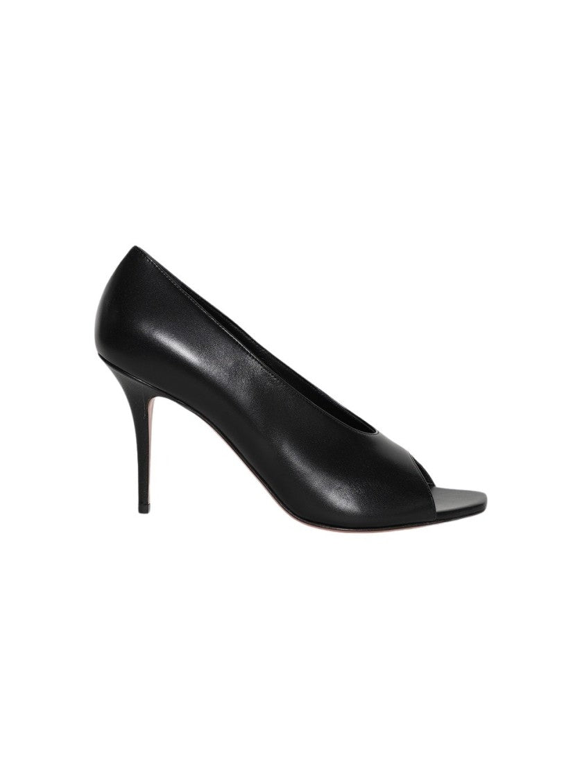 Amina Muaddi Julianne Peep Toe Pump - Black Nappa Leather