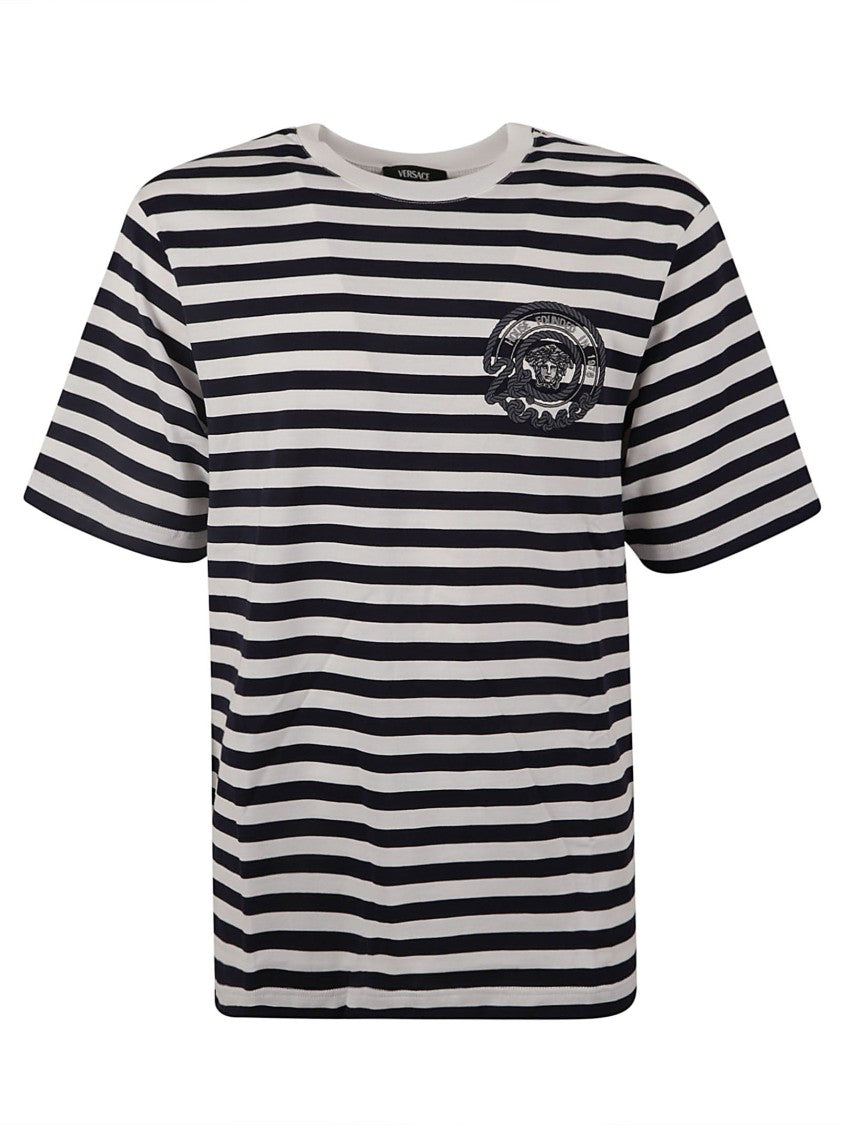 Versace Classic Striped White T-Shirt With Embroidered Emblem