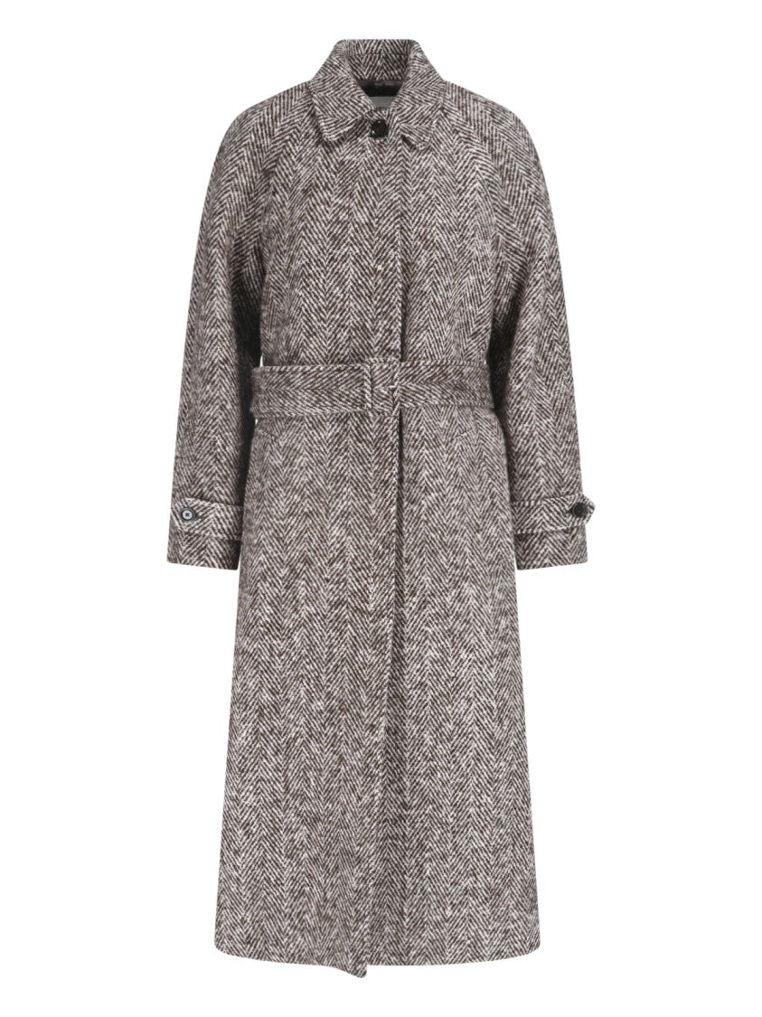 Lardini Brown Herringbone Wool Belted Coat