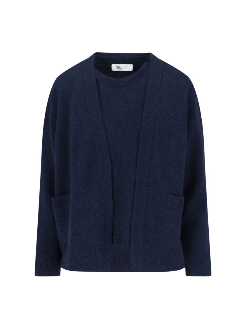 Sibel Saral Navy Blue Cropped Cardigan And Crew Neck Sweater Set