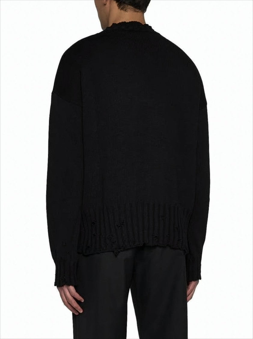 Marni Distressed Hem Black Knitted Sweater With Ribbed Neckline