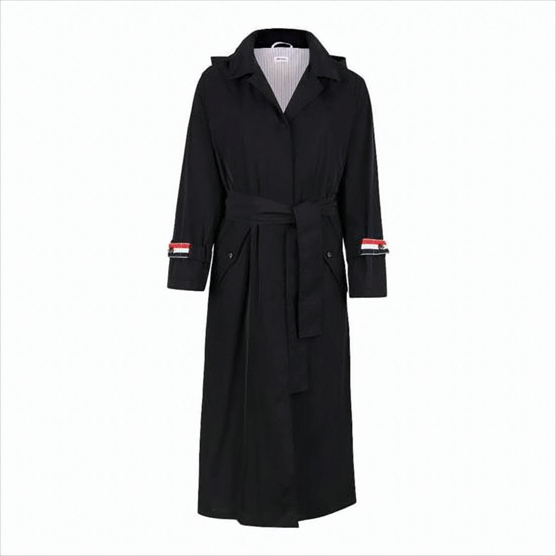 Thom Browne Classic Black Trench Coat With Belted Waist And Decorative Cuffs