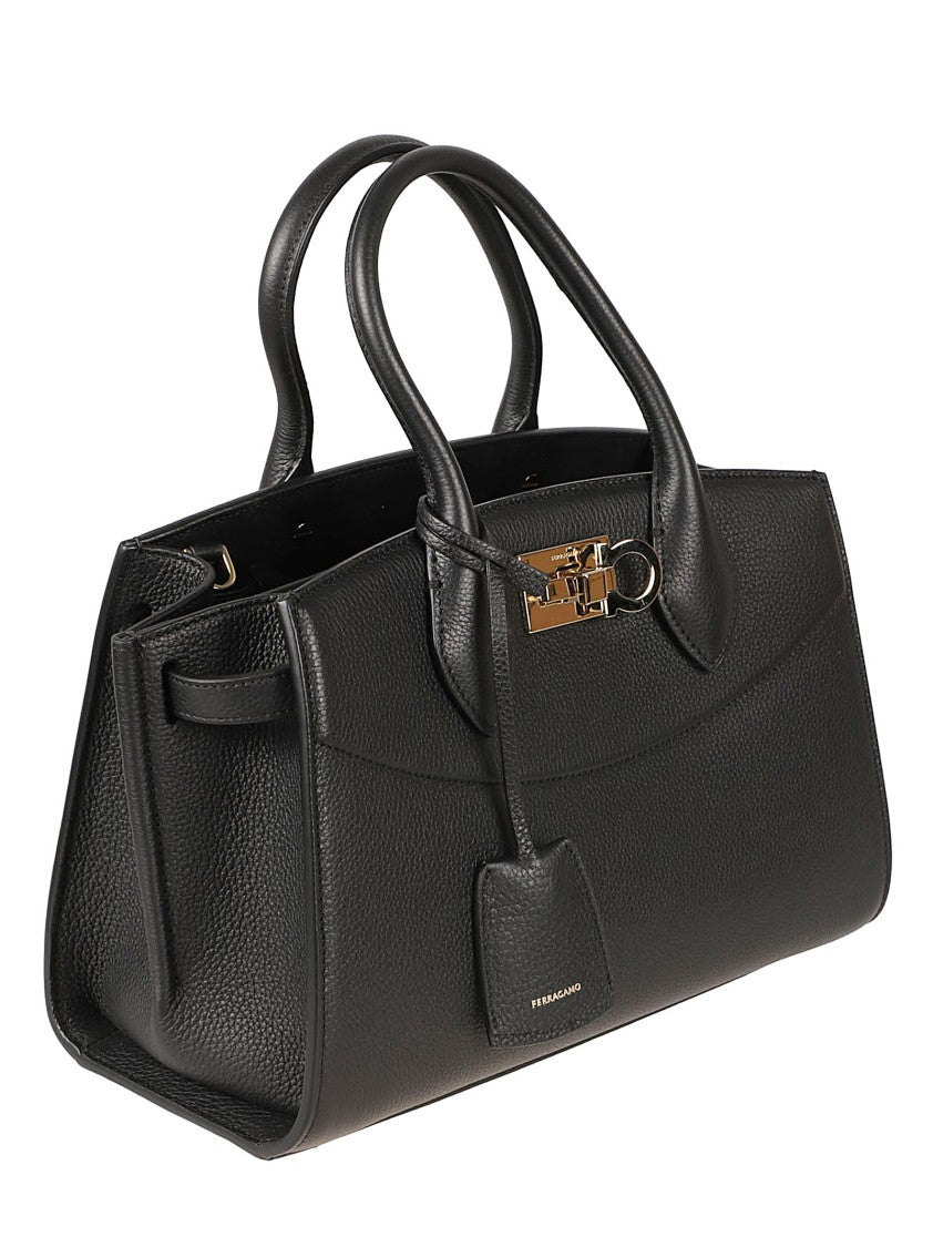 Ferragamo Structured Handbag In Textured Black Calf Leather