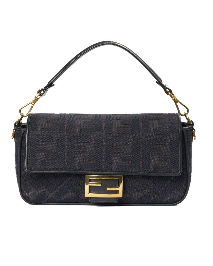 Fendi Medium Baguette Bag With Ff Logomania Pattern And Leather Accents