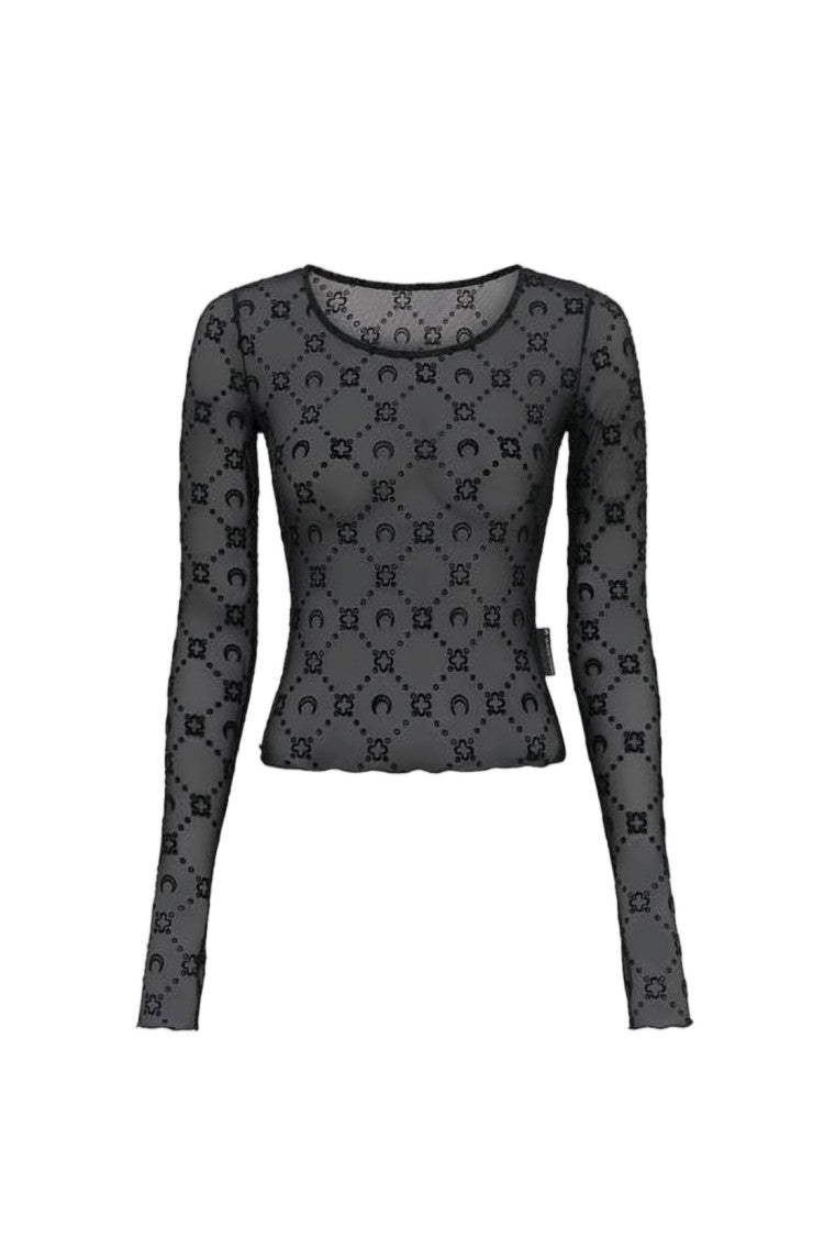 Marine Serre Fitted Long-Sleeve Sheer Top With Crescent Moon Pattern