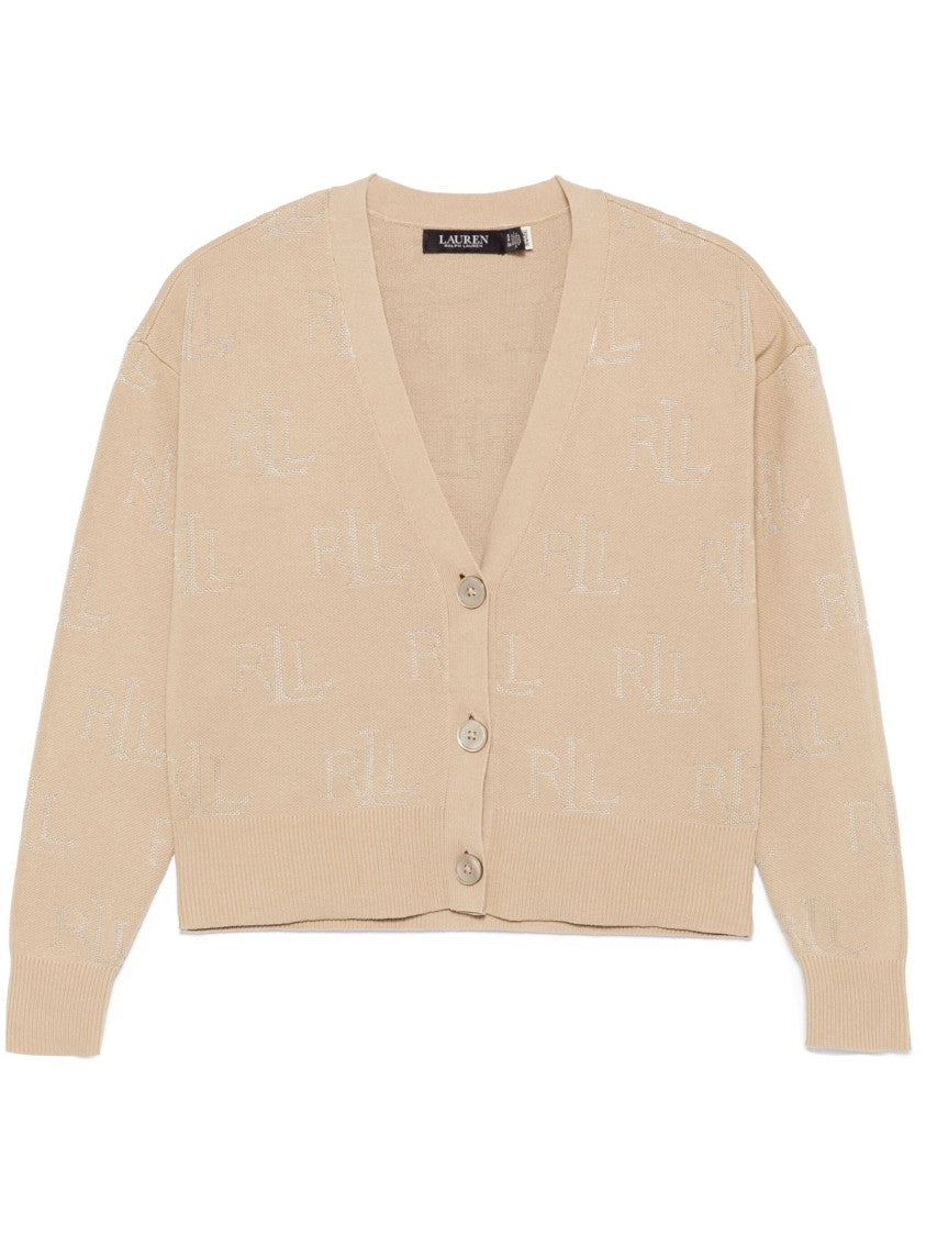Lauren Ralph Lauren Beige Wrenbette Cropped V-Neck Cotton-Blend Cardigan