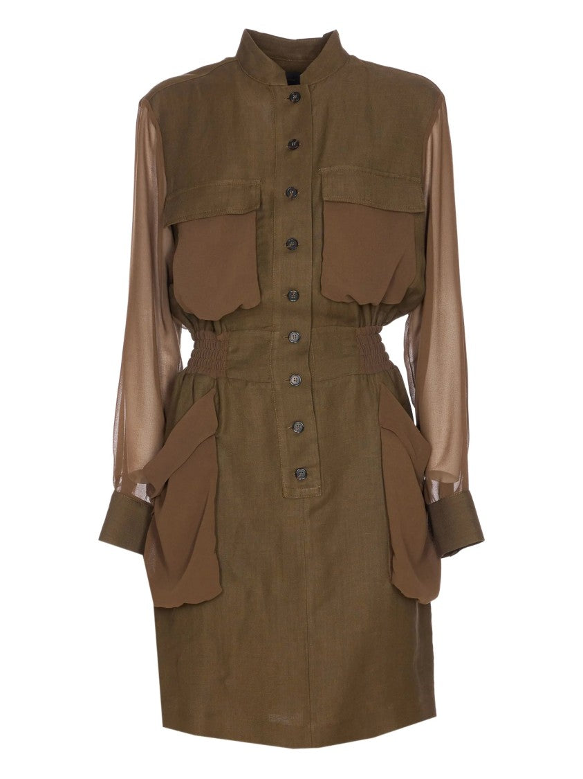 Pinko Structured Midi Dress With High Collar And Sheer Sleeves